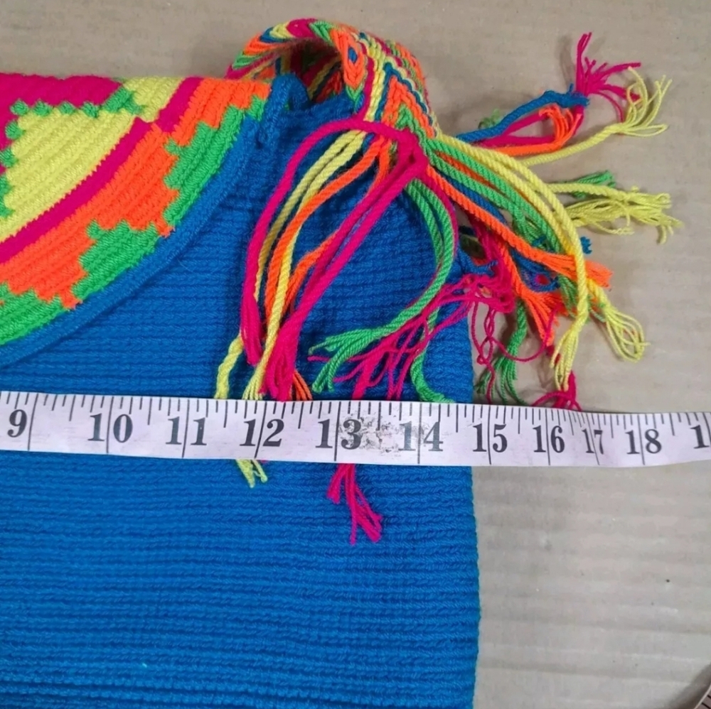 Wayuu Mochila Colombian Bag Turquoise‎ Large  Flap Cover Pompoms Authentic - Picture 7 of 8